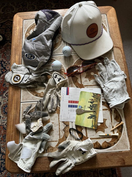 golf gloves, golf hats, scorecards, golf balls, divot tools